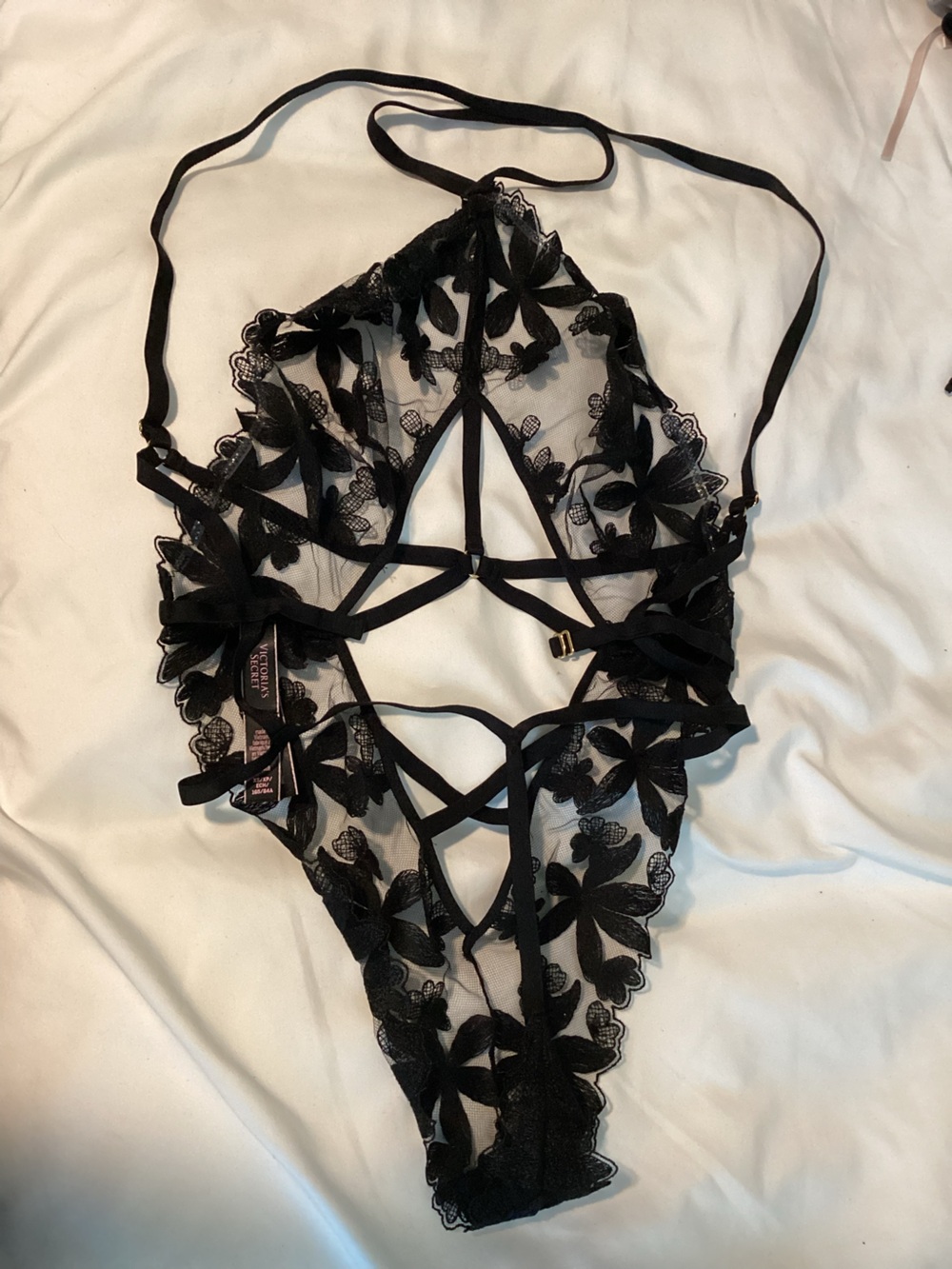 Victoria's Secret Black Floral Lace Strappy Teddy